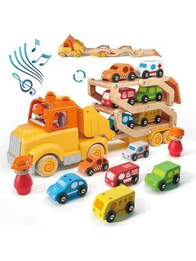 3-Tier Truck Toy for Toddlers - Transport Car Carrier with 6 Wooden Vehicles